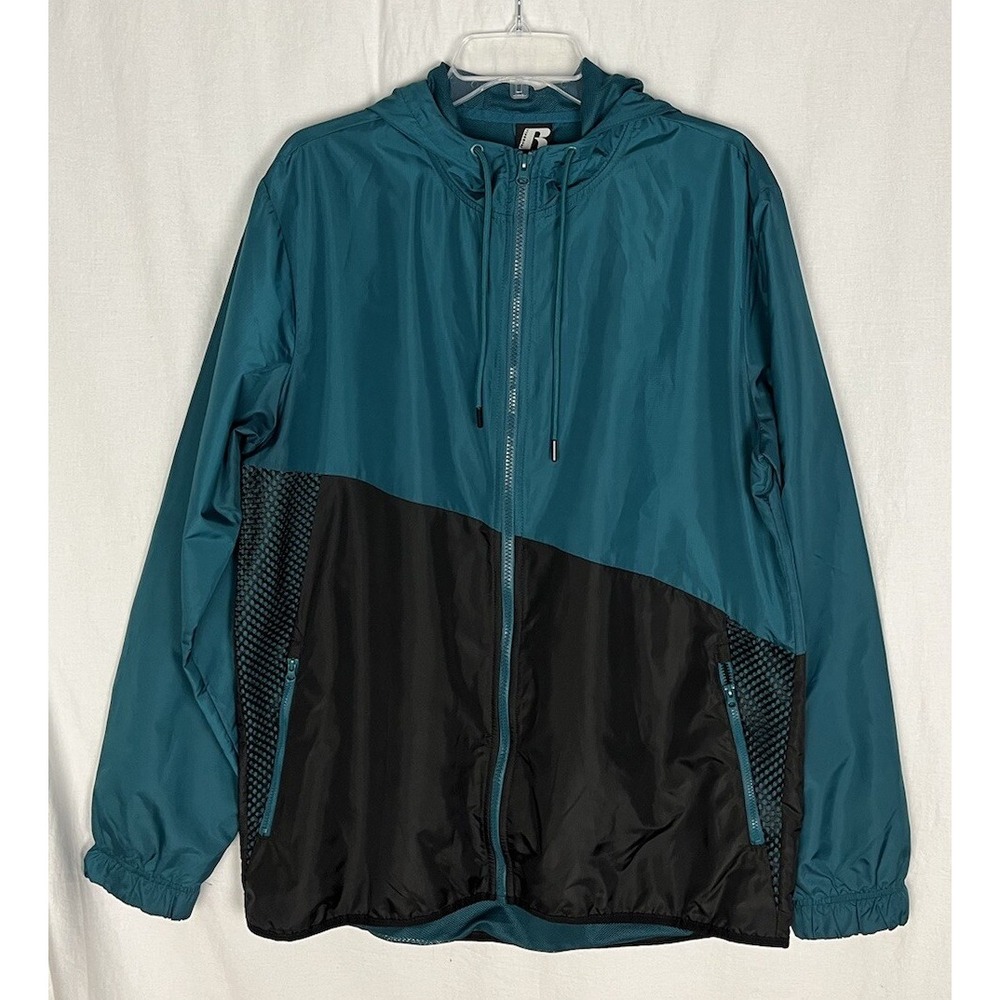 Russell Men's Medium Teal Black Colorblock Hooded Windbreaker Jacket - Picture 2 of 5